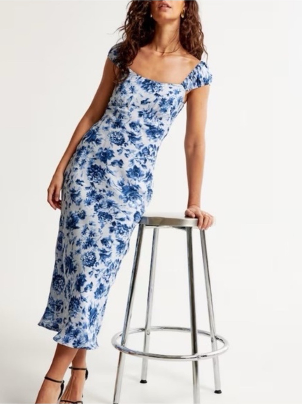 Abercrombie & Fitch White and Blue Floral Off-Shoulder Midi Dress